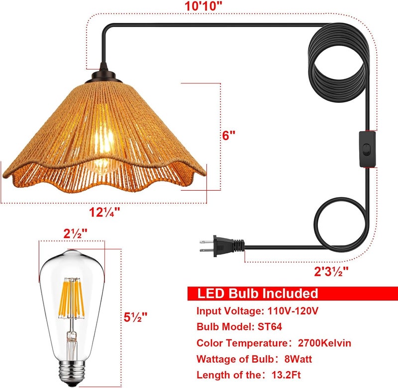 tebio Plug in Pendant Light, Rattan Hanging Lights with Plug in Cord 13FT Hemp Black Cord, On/Off Switch Chandelier for Boho Living Room Bedroom Kitchen（Bulb Included） Brown-12 x 6 inch - 2 Pack - Image 2